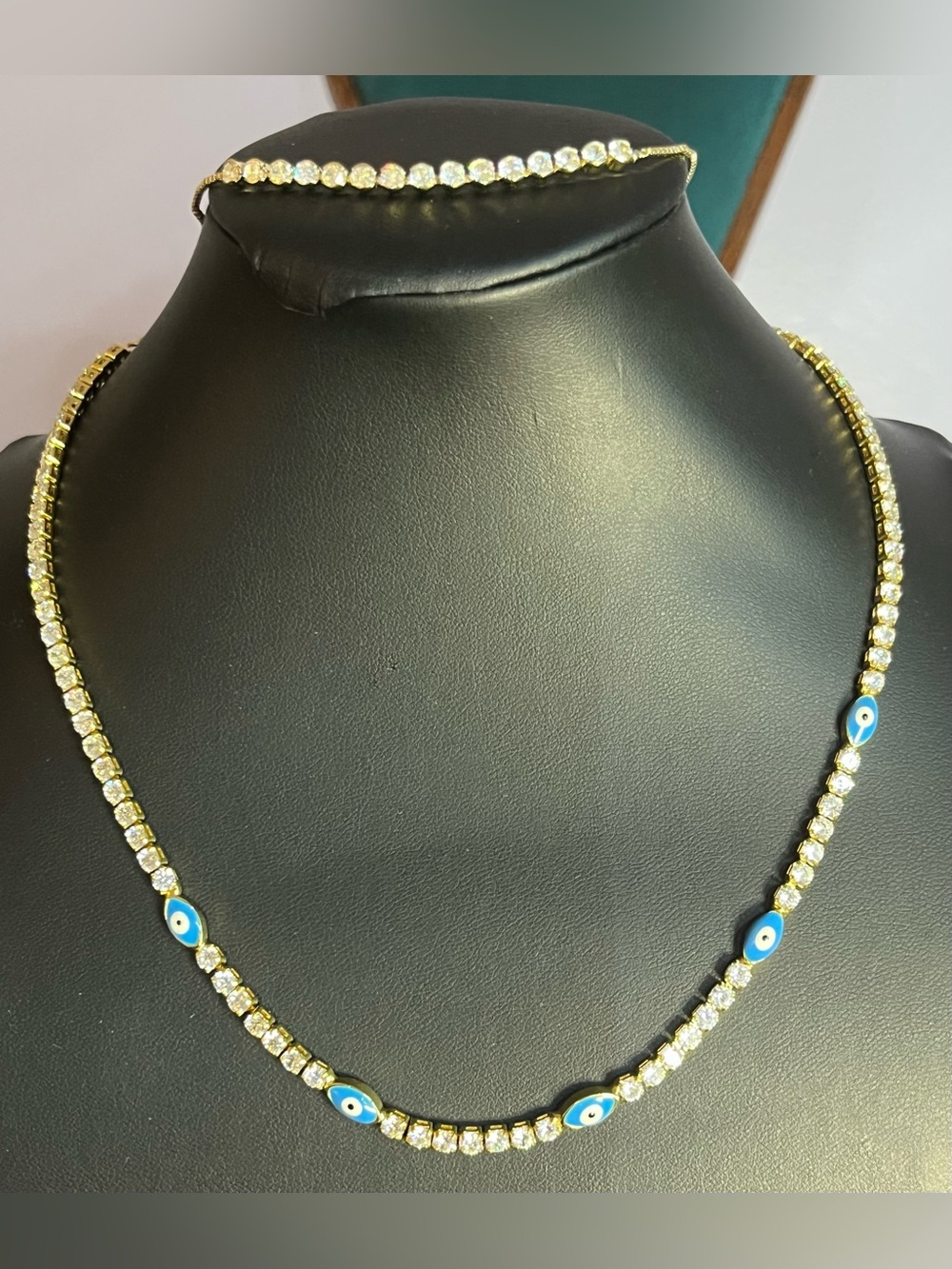 Gold Cz Evil Eye Tennis Necklace 14-16” with Adjustable Tennis Bracely 6-9”